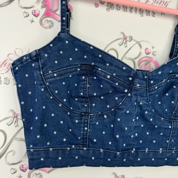 Garage polka dot denim jean crop top bustier style tank top blue white fitted - Picture 2 of 7